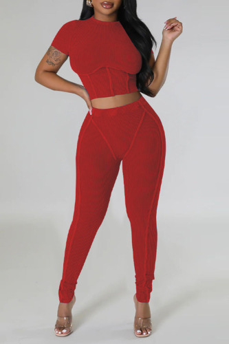 Red Sportswear Solid Patchwork O Neck Short Sleeve Two Pieces