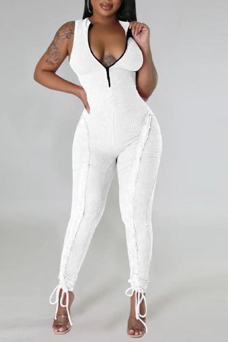 White Casual Solid Patchwork Stringy Selvedge Zipper Collar Skinny Jumpsuits
