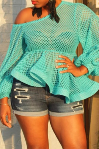 Green Casual Solid Hollowed Out See-through Oblique Collar Tops