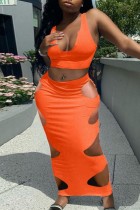 Tangerine Red Sexy Solid Hollowed Out U Neck Sleeveless Two Pieces