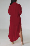 Burgundy Sexy Solid Patchwork Buttons See-through Turndown Collar Long Sleeve Two Pieces(Without Underwear)