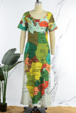 Multicolor Casual Print Basic O Neck Short Sleeve Dress Dresses