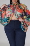 Red Casual Print Patchwork Turtleneck Plus Size Tops