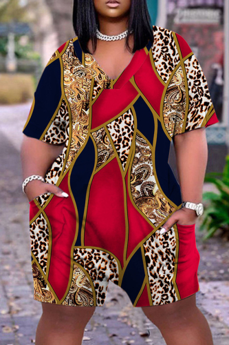 Red Casual Print Basic V Neck Regular Romper