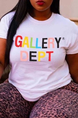 White Casual Print Letter O Neck Plus Size Tops