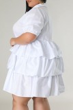 Light Blue Casual Solid Patchwork Turndown Collar Cake Skirt Plus Size Dresses