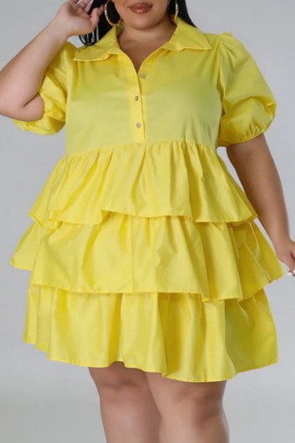 Yellow Casual Solid Patchwork Turndown Collar Cake Skirt Plus Size Dresses
