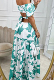 Green Daily Elegant Print Hollowed Out O Neck Printed Dress Dresses