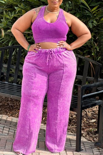 Rose Purple Casual Solid Vests Pants O Neck Plus Size Two Pieces
