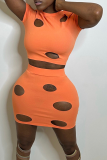 Orange Sexy Solid Hollowed Out O Neck Short Sleeve Two Pieces