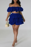 Blue Sexy Street Solid Patchwork Flounce Off the Shoulder Short Sleeve Two Pieces