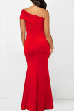 Red Sexy Solid Patchwork Asymmetrical Oblique Collar Long Dress Dresses
