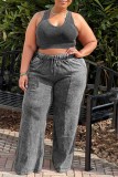 Black Gray Casual Solid Vests Pants O Neck Plus Size Two Pieces