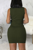 Army Green Sexy Solid Patchwork O Neck Pencil Skirt Dresses