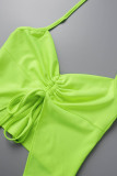 Fluorescent Green Sexy Solid Draw String Frenulum Backless Halter Sleeveless Two Pieces