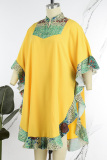 Yellow Casual Street Print Patchwork Flounce V Neck Irregular Dress Plus Size Dresses