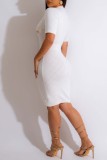White Casual Solid Patchwork V Neck Short Sleeve Dress