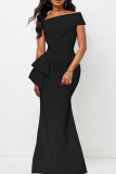 Black Sexy Solid Patchwork Asymmetrical Oblique Collar Long Dress Dresses