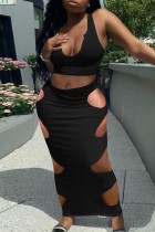 Black Sexy Solid Hollowed Out U Neck Sleeveless Two Pieces