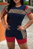 Red Casual Print Leopard Patchwork O Neck Short Sleeve Two Pieces