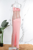 Black Sexy Patchwork Hot Drilling See-through Backless Spaghetti Strap Long Dress Dresses