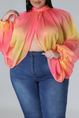 Pink Casual Print Patchwork Turtleneck Plus Size Tops