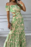 Cyan Daily Elegant Print Hollowed Out O Neck Printed Dress Dresses