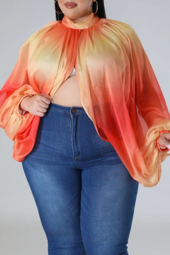 Red Casual Print Patchwork Turtleneck Plus Size Tops
