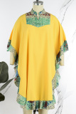 Yellow Casual Street Print Patchwork Flounce V Neck Irregular Dress Plus Size Dresses