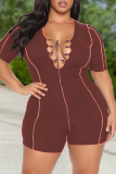Ink Green Casual Solid Basic V Neck Plus Size Romper