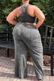 Black Gray Casual Solid Vests Pants O Neck Plus Size Two Pieces