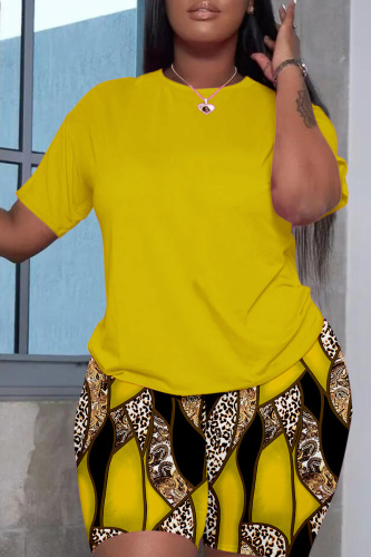 Yellow Casual Print Basic O Neck Short Sleeve Two Pieces