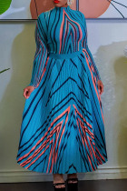 Lake Blue Casual Print Patchwork Fold Without Belt O Neck Long Sleeve Two Pieces(Without Belt)