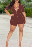 Brown Casual Solid Basic V Neck Plus Size Romper