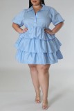 Light Blue Casual Solid Patchwork Turndown Collar Cake Skirt Plus Size Dresses