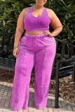 Rose Purple Casual Solid Vests Pants O Neck Plus Size Two Pieces