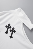 White Casual Print Asymmetrical Half A Turtleneck T-Shirts