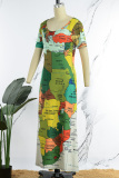 Multicolor Casual Print Basic O Neck Short Sleeve Dress Dresses