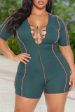 Brown Casual Solid Basic V Neck Plus Size Romper
