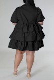Black Casual Solid Patchwork Turndown Collar Cake Skirt Plus Size Dresses