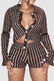 Deep Coffee Sexy Striped Print Patchwork Buckle Asymmetrical Turndown Collar Long Sleeve Two Pieces