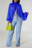Blue Sexy Solid Patchwork See-through Asymmetrical Half A Turtleneck Tops