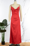 Red Sexy Solid Patchwork High Opening Spaghetti Strap Sling Dress Dresses