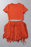 Tangerine Red Casual Solid Tassel Patchwork O Neck Short Sleeve Two Pieces
