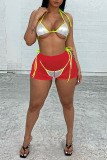 Red Sexy Solid Bandage Patchwork See-through 3 Piece Sets