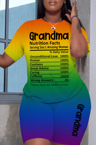 Orange Green Gradual Change Letter Print Basic O Neck Short Sleeve Two Pieces