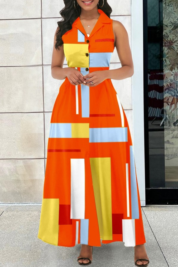 Orange Red Casual Print Patchwork Turndown Collar Long Dress Dresses