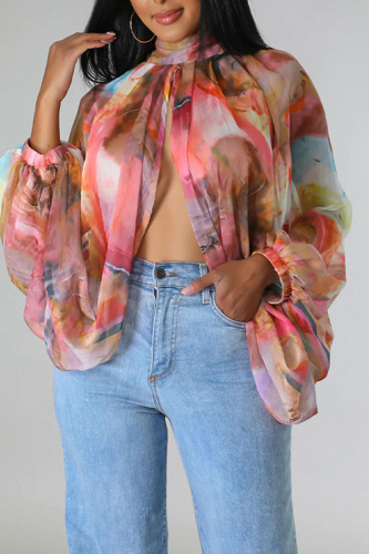 Pink Sexy Print Patchwork Asymmetrical O Neck Tops