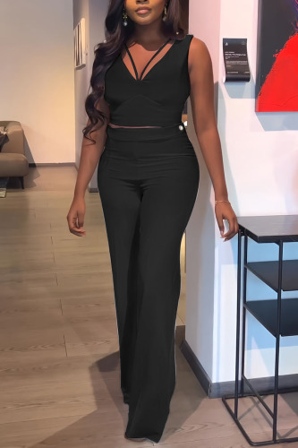 Black Casual Solid Patchwork V Neck Sleeveless Two Pieces