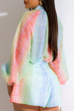 Colour Casual Daily Plaid Print Frenulum Turndown Collar Straight Rompers（With Belt）